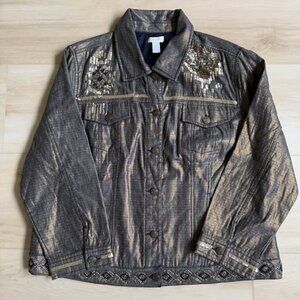 Chico's Womens Bronze Metallic Sequined Beaded Jacket Sz 3